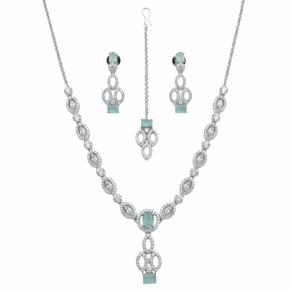 Premium silver plated mint green oval stone necklace earrings maang tikka set