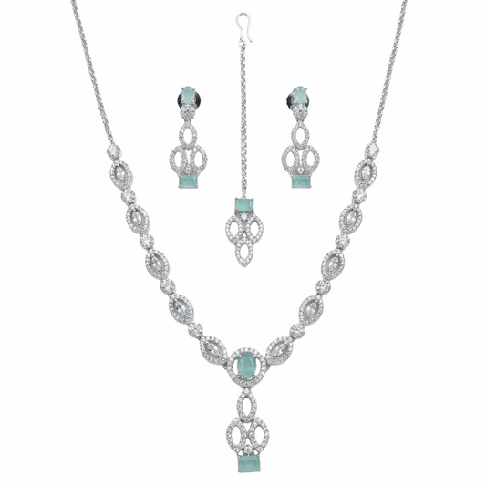 Premium silver plated mint green oval stone necklace earrings maang tikka set