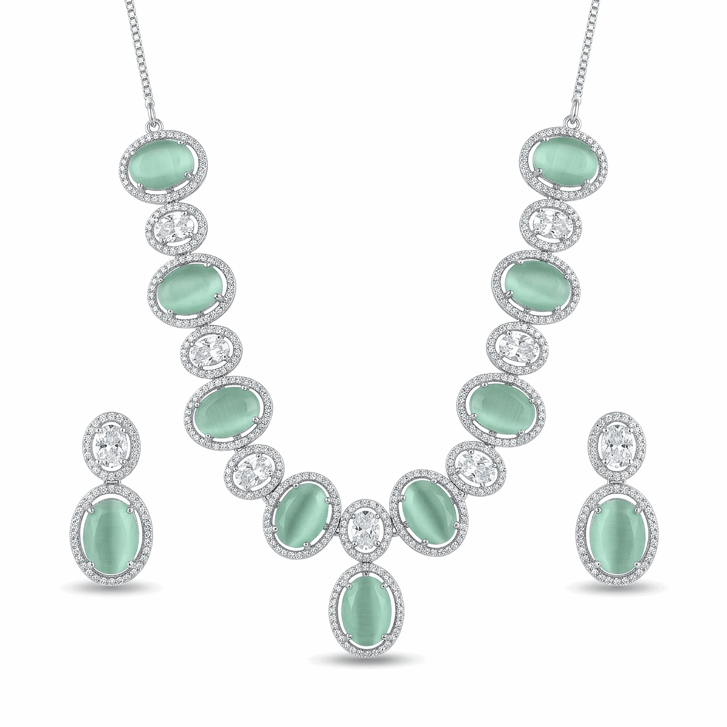 Premium silver plated mint green oval cats eye cabochon necklace and earrings set