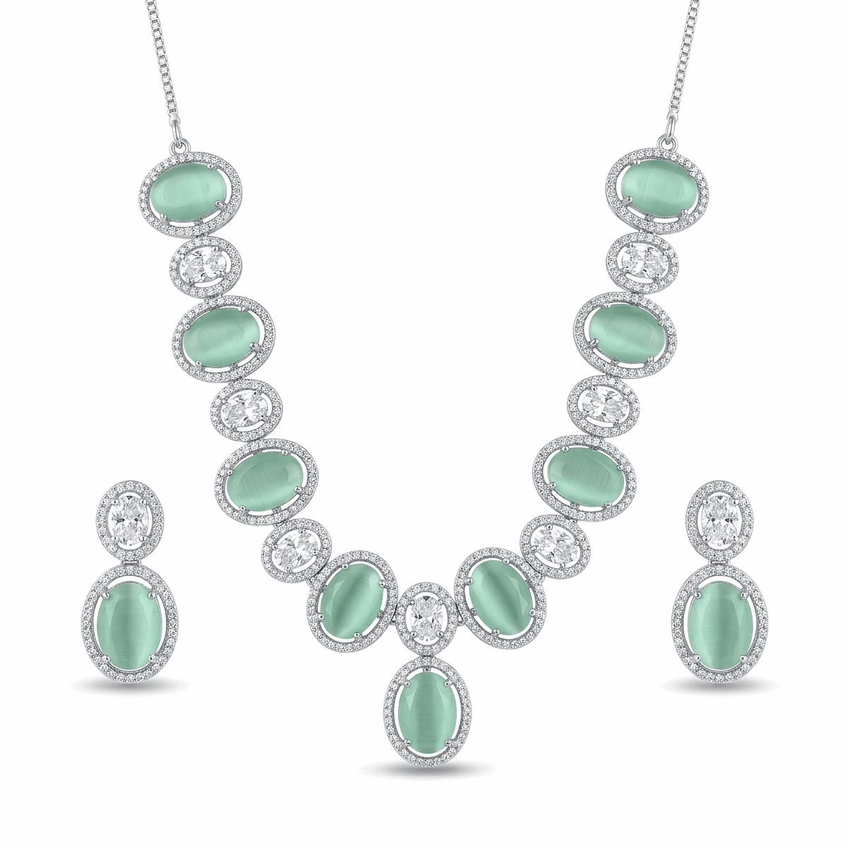 Premium silver plated mint green oval cats eye cabochon necklace and earrings set