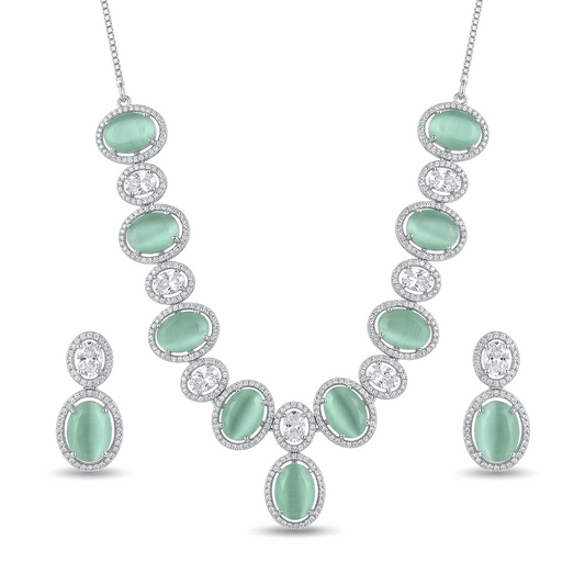 Premium silver plated mint green oval cats eye cabochon necklace and earrings set