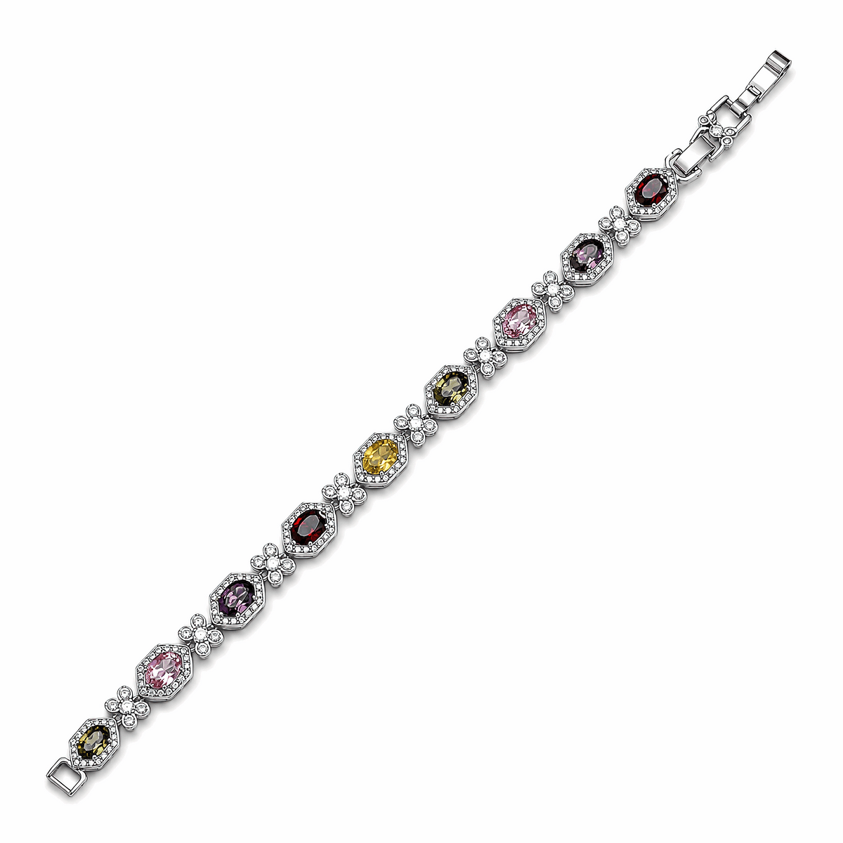 Premium silver-plated multi-gemstone link bracelet with floral accents