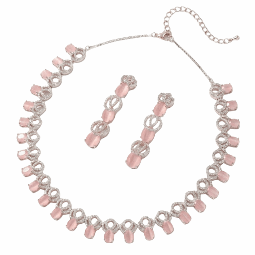 Premium silver plated pastel pink oval cats eye necklace earrings maang tikka set