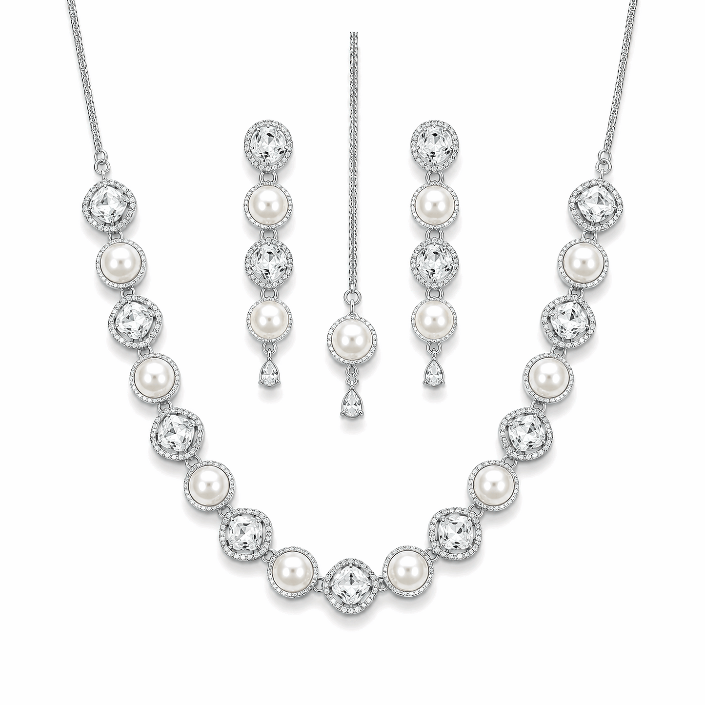 Premium silver plated cushion cut crystal and pearl necklace earrings maang tikka set