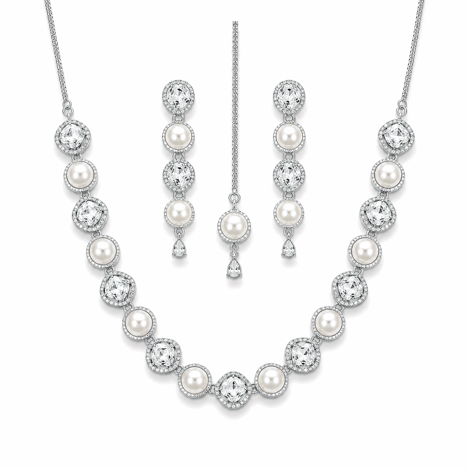 Premium silver plated cushion cut crystal and pearl necklace earrings maang tikka set