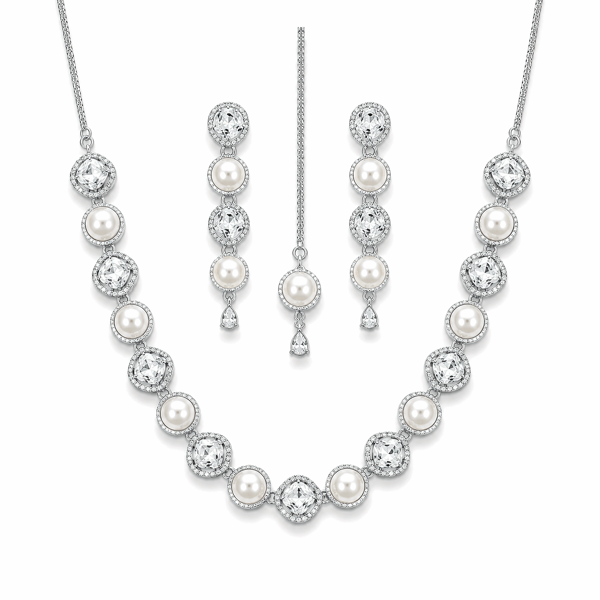 Premium silver plated cushion cut crystal and pearl necklace earrings maang tikka set