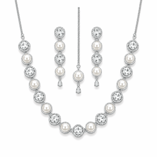 Premium silver plated cushion cut crystal and pearl necklace earrings maang tikka set