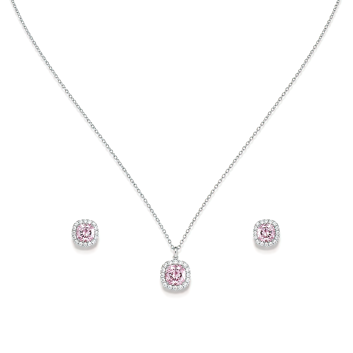 Premium silver-plated light pink gemstone halo pendant necklace and earrings set