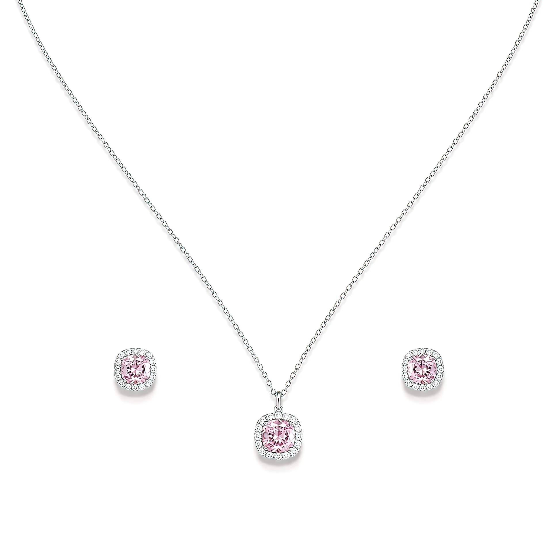 Premium silver-plated light pink gemstone halo pendant necklace and earrings set