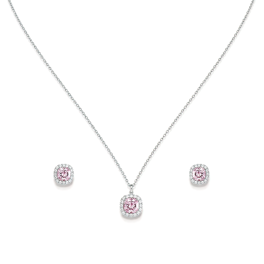 Premium silver-plated light pink gemstone halo pendant necklace and earrings set