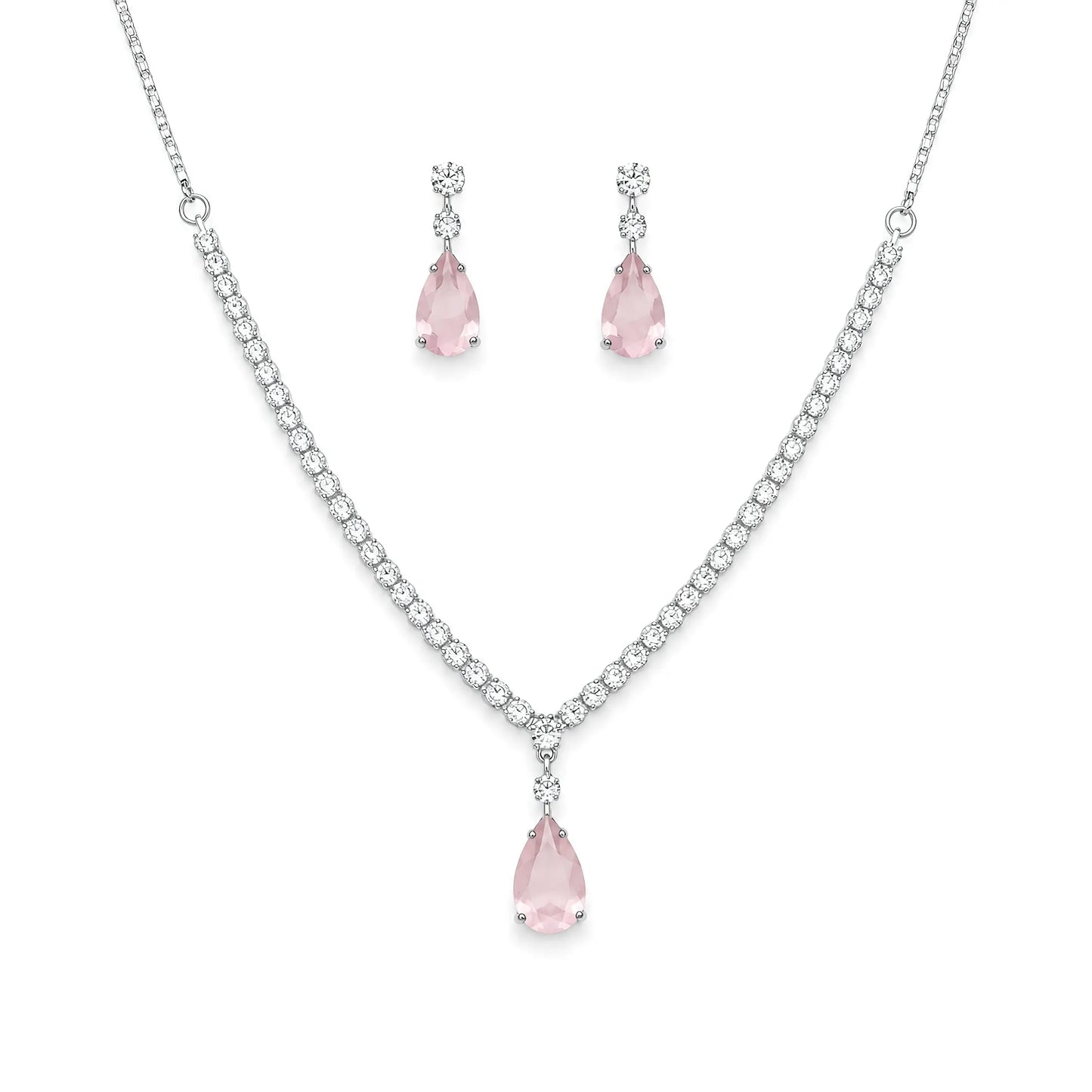 Premium silver plated tennis style necklace with pastel pink teardrop pendant and earrings set