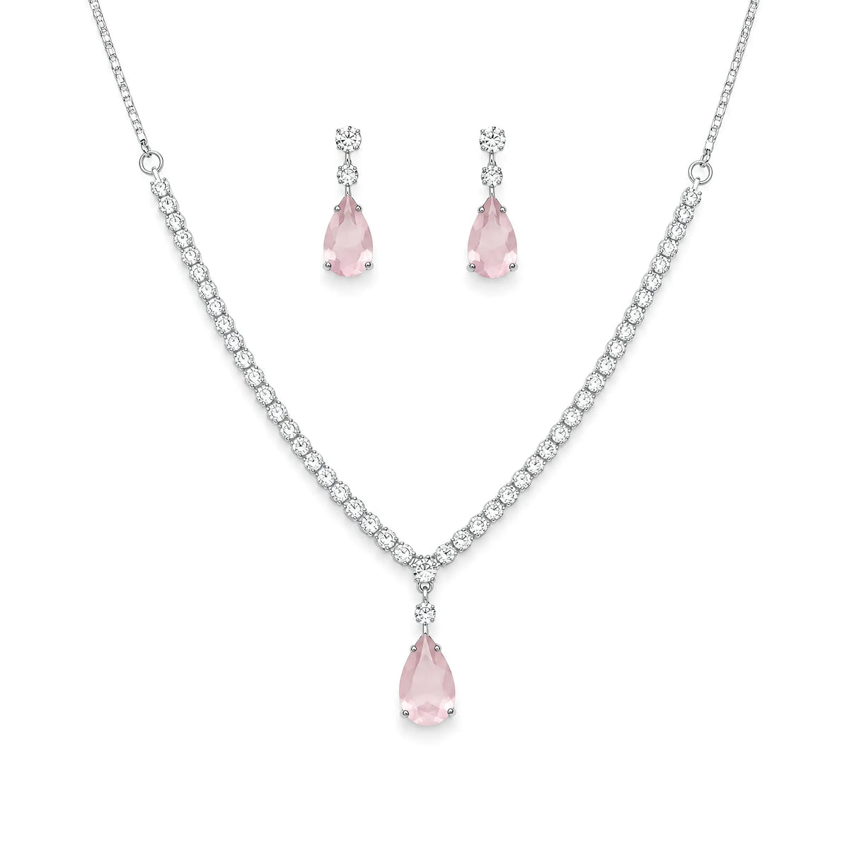 Premium silver plated tennis style necklace with pastel pink teardrop pendant and earrings set