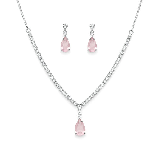 Premium silver plated tennis style necklace with pastel pink teardrop pendant and earrings set