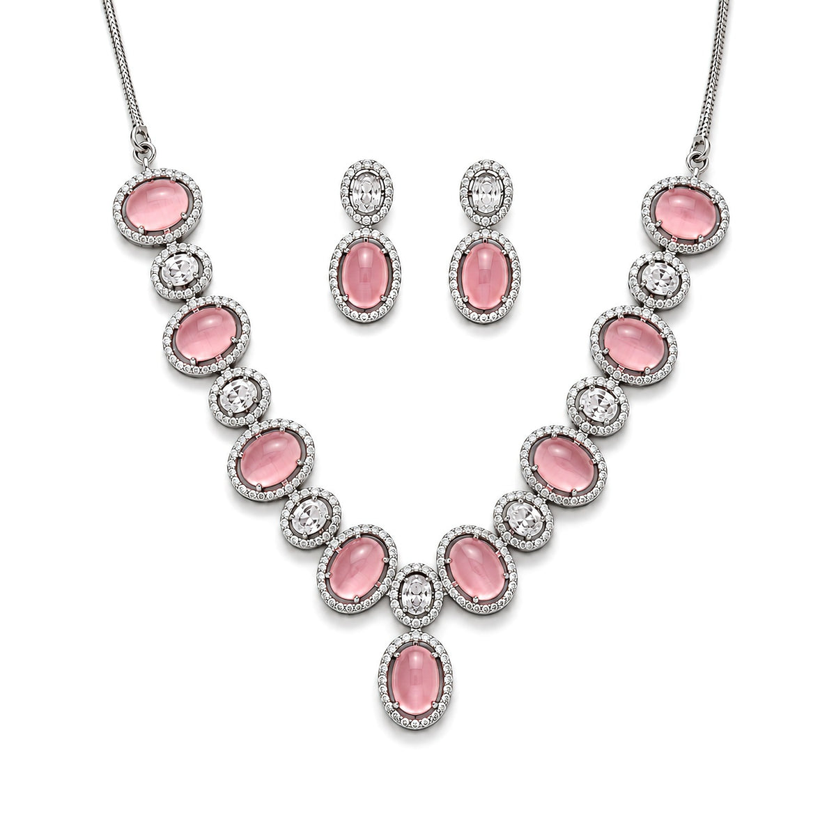 Premium silver plated rose pink oval cats eye cabochon necklace and earrings set