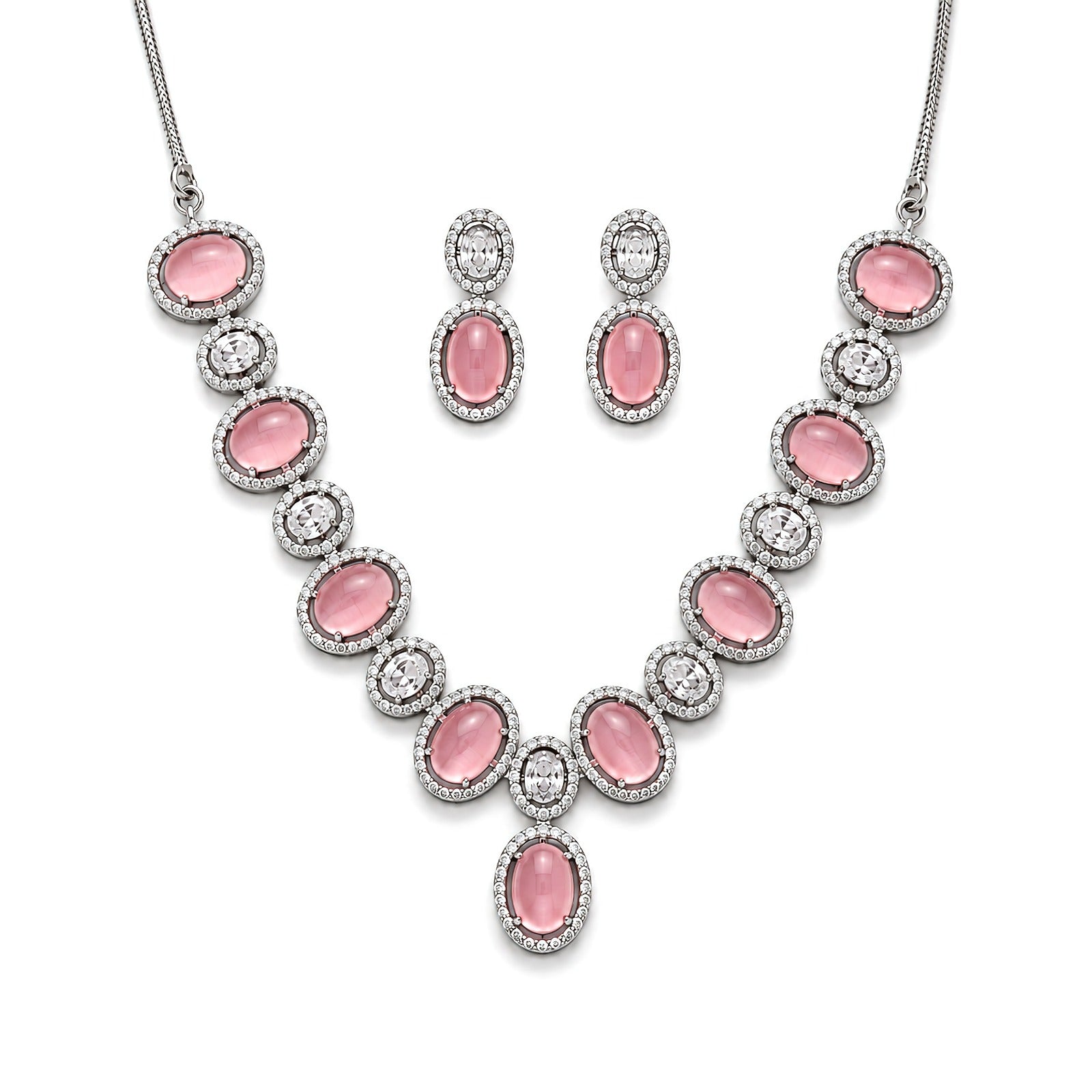 Premium silver plated rose pink oval cats eye cabochon necklace and earrings set