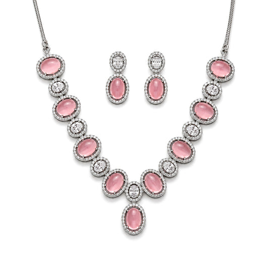 Premium silver plated rose pink oval cats eye cabochon necklace and earrings set