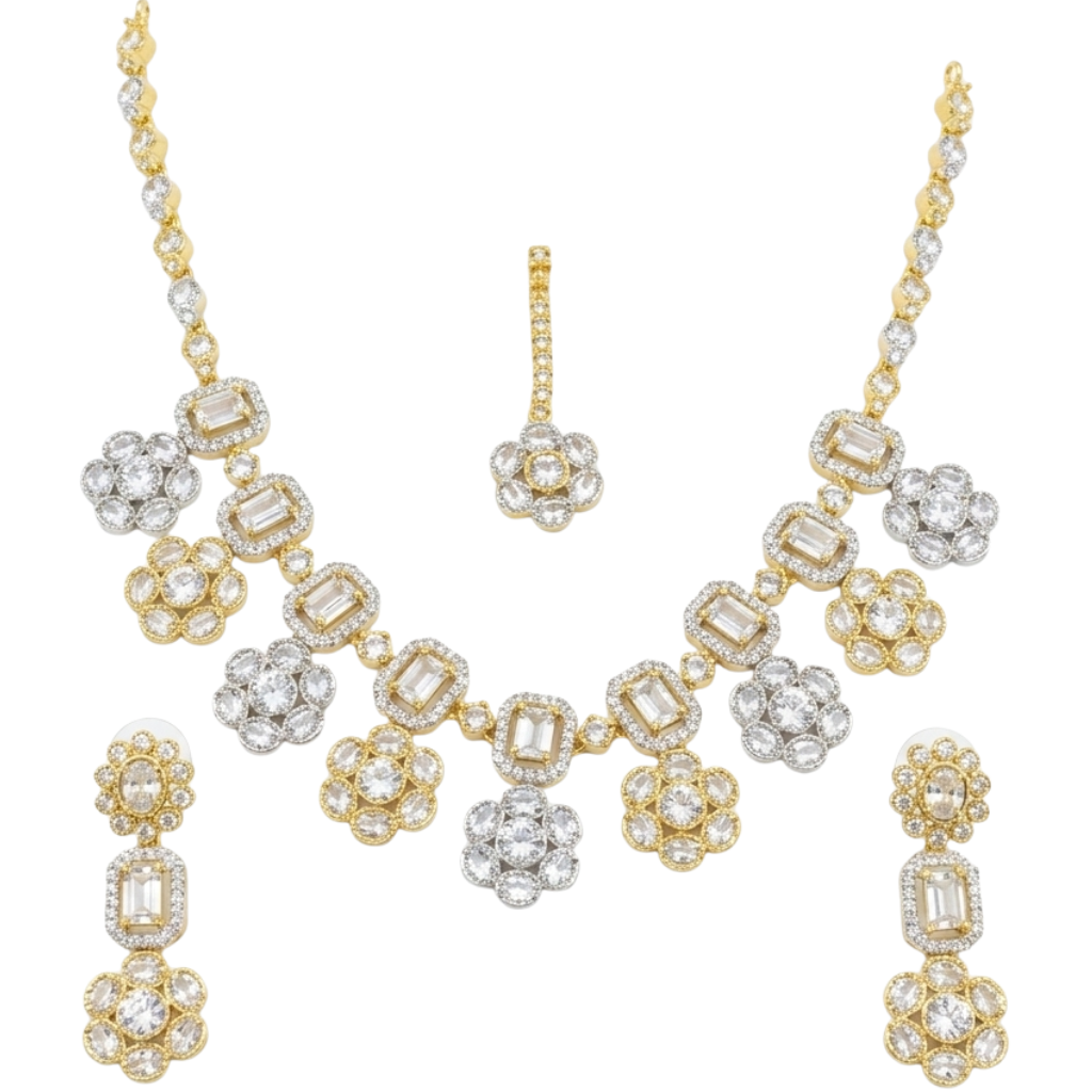 Premium two tone gold and silver emerald cut crystal necklace earrings maang tikka set