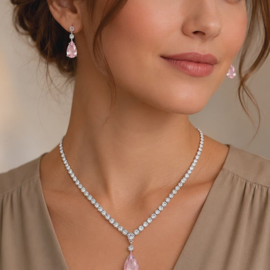 Premium timeless classic pink diamond alternative drop necklace set for weddings