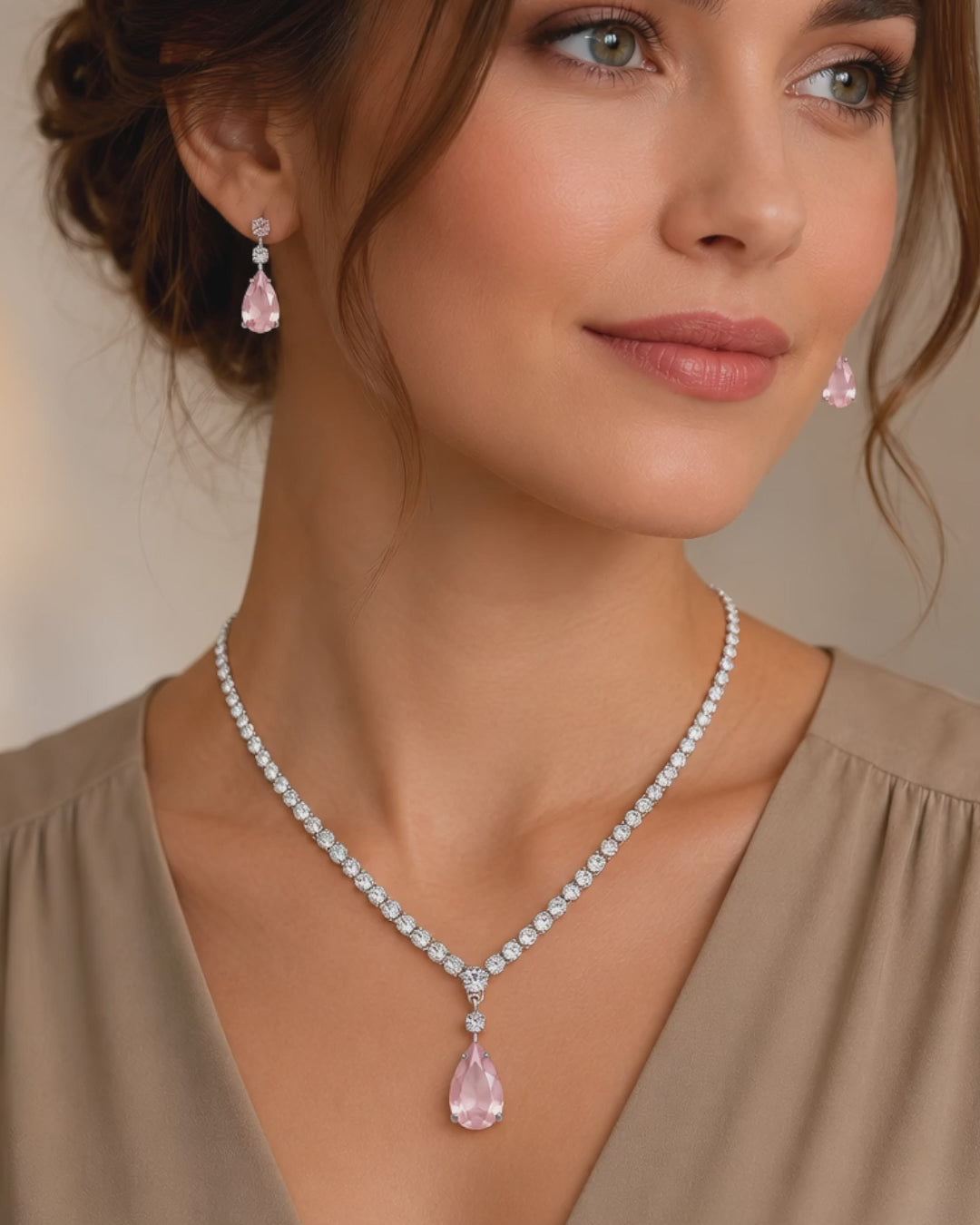 Premium timeless classic pink diamond alternative drop necklace set for weddings